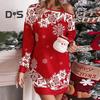 Women Fall Winter Dress Hollow Out One Shoulder Loose Snowflake Print Color Matching Christmas Style Long Sleeve Above Knee Length Mini Dress