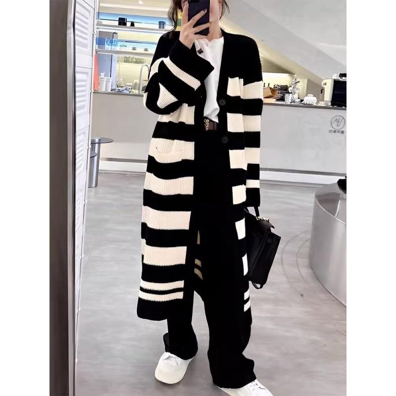 Осенний вязаный кардиган в стиле ленивого ветра, пальто выше колена, осенне-зимний длинный свитер-жакет с V-образным вырезом, полосатый, контрастный, женский