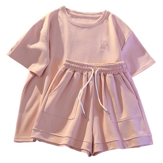 2 шт./компл., женская футболка, шорты, костюм с круглым вырезом, однотонный, с короткими рукавами, топ на шнурке, эластичная талия