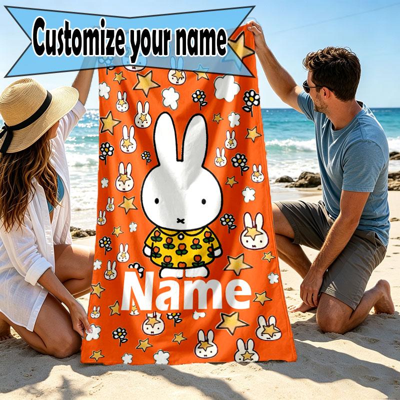 Custom Name Personalized Miffy Print Beach Towel, for Trip Camping Beach Party Home Decor, Birthday Gift for Family & Friends