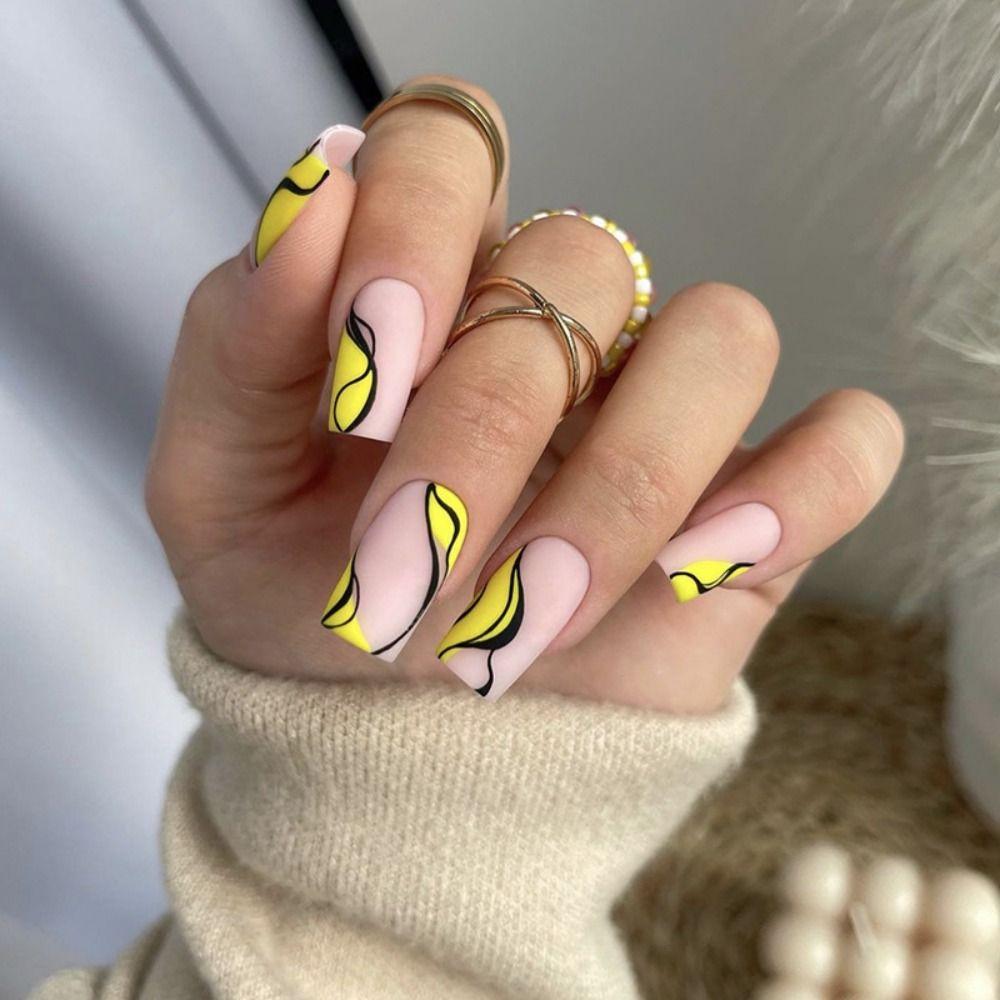 Линии накладных ногтей Нажмите на ногти Асимметричный леопардовый летний пляж Накладные ногти Длинные квадратные французские ногти