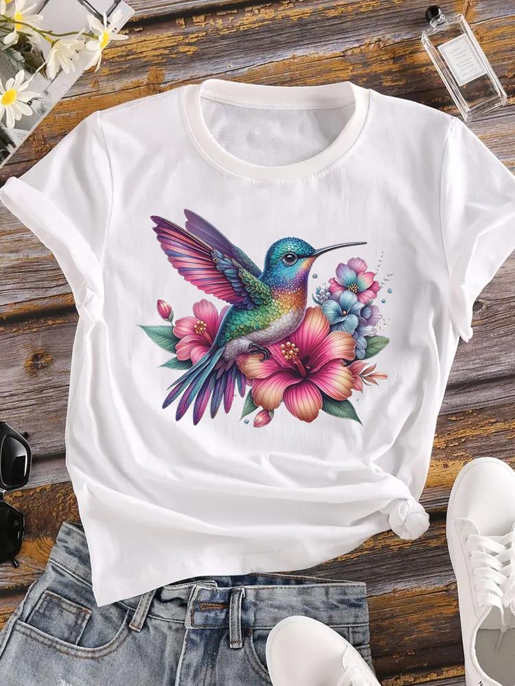 (Азиатский размер) Футболка с коротким рукавом Женская радужная трендовая футболка Верхняя одежда Повседневная Цветочная модная женская графическая футболка с принтом