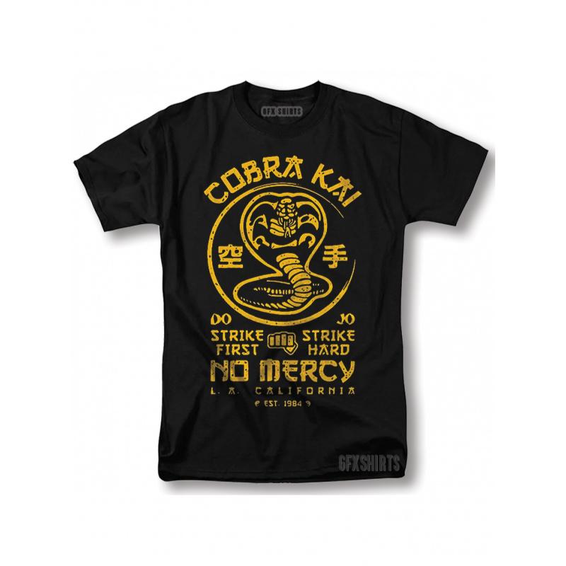 Cobra Kai TV Show T-Shirt - Strike First Strike Hard No Mercy Vintage Graphic Tee Black with Yellow Print, Regular Fit Round Neck, 1984 California