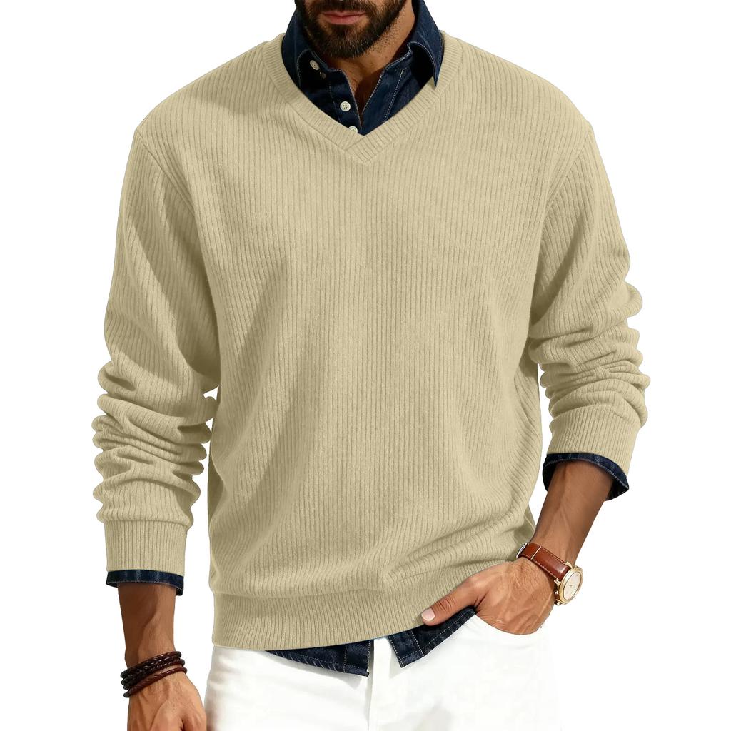 Men's V-neck Long-sleeved Ribbed Knit Pullover
