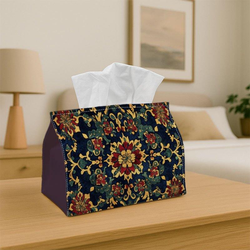 1pc Victorian Ornamental Classic Tissue Box Floral Damask Pattern Blue Golden Durable Decorative Storage Organizer for Kitchen, Living Room, Bedroom,