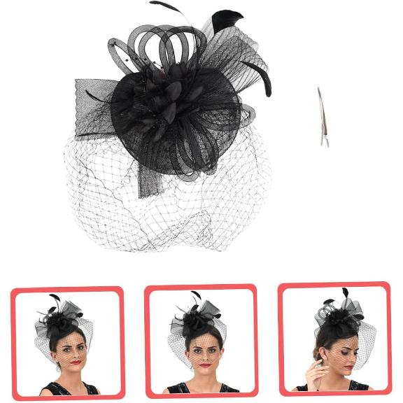 Mesh Flower Headband with Plume Accent, Black Cocktail Tea Party Hat for Women and Special Occasion Accessory