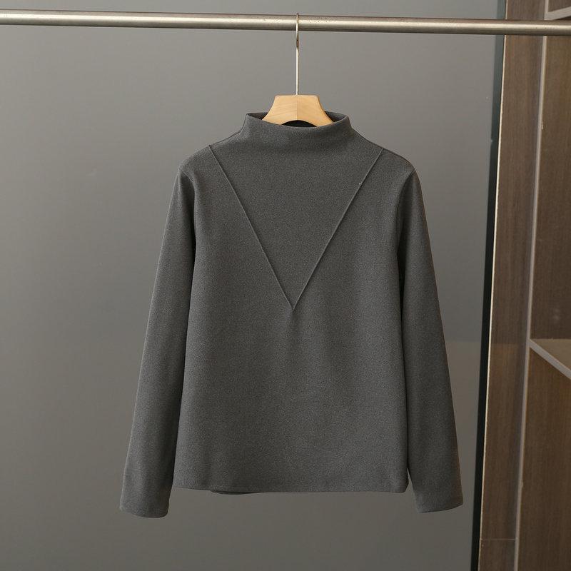 Women's Black Long-Sleeve Half-Turtleneck German Velvet Shirt - Stylish V-Cut Design for Autumn and Winter