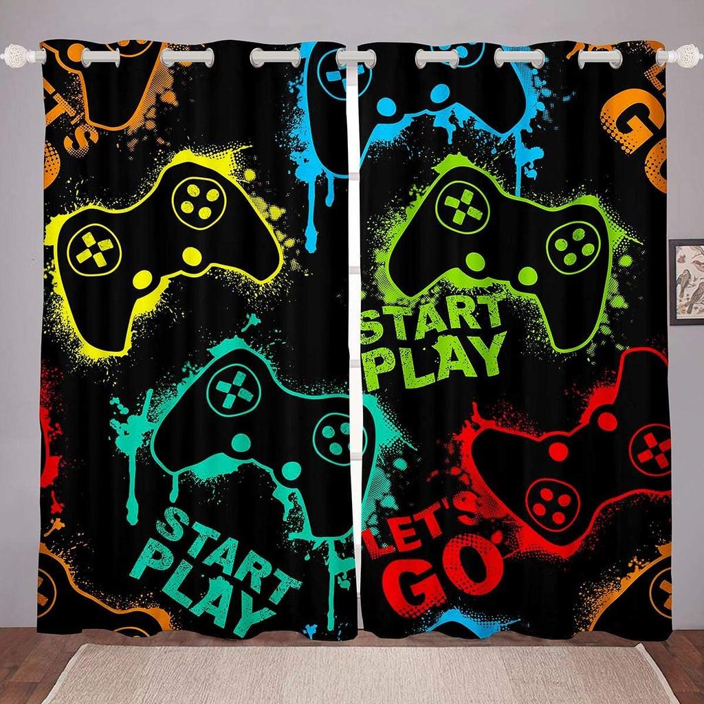 Gamer Curtains Video Game Gamepad Controller Print Pattern Window Drapes For Kids Boys Girls Bedroom Curtains 2 Panels Drapes