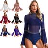 Womens Gymnastics Leotard Sheer Mesh Patchwork Design Mock Neck Flare Sleeve Backless Sparkling Rhinestone Bodysuit