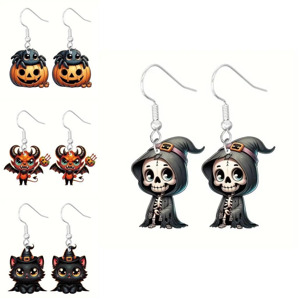 Halloween Earrings Themed Featuring Each Cat Demon Pumpkin And Skull Pattern
