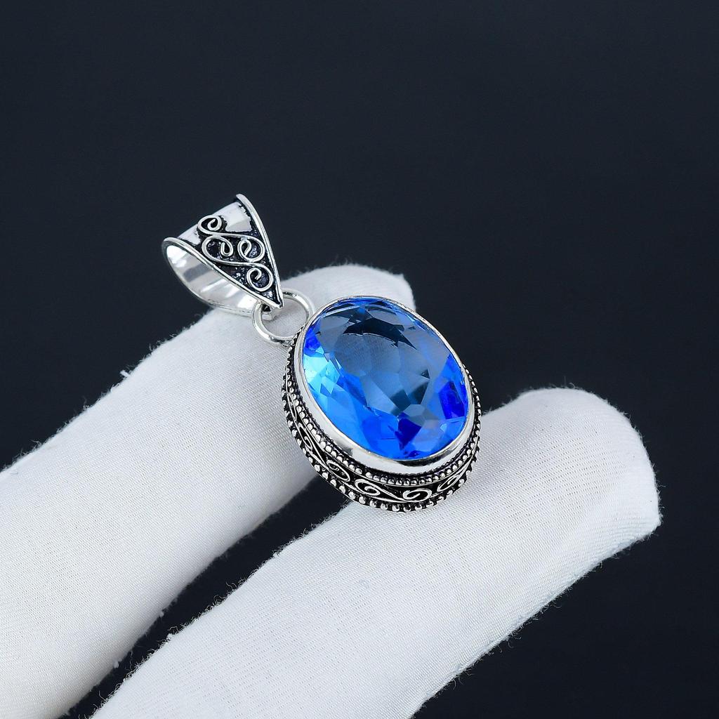 London Blue Topaz Gemstone Silver Pendant In 925 Sterling Silver - Handmade Oval Design, Everyday Wear Jewelry Mother' Day Gift