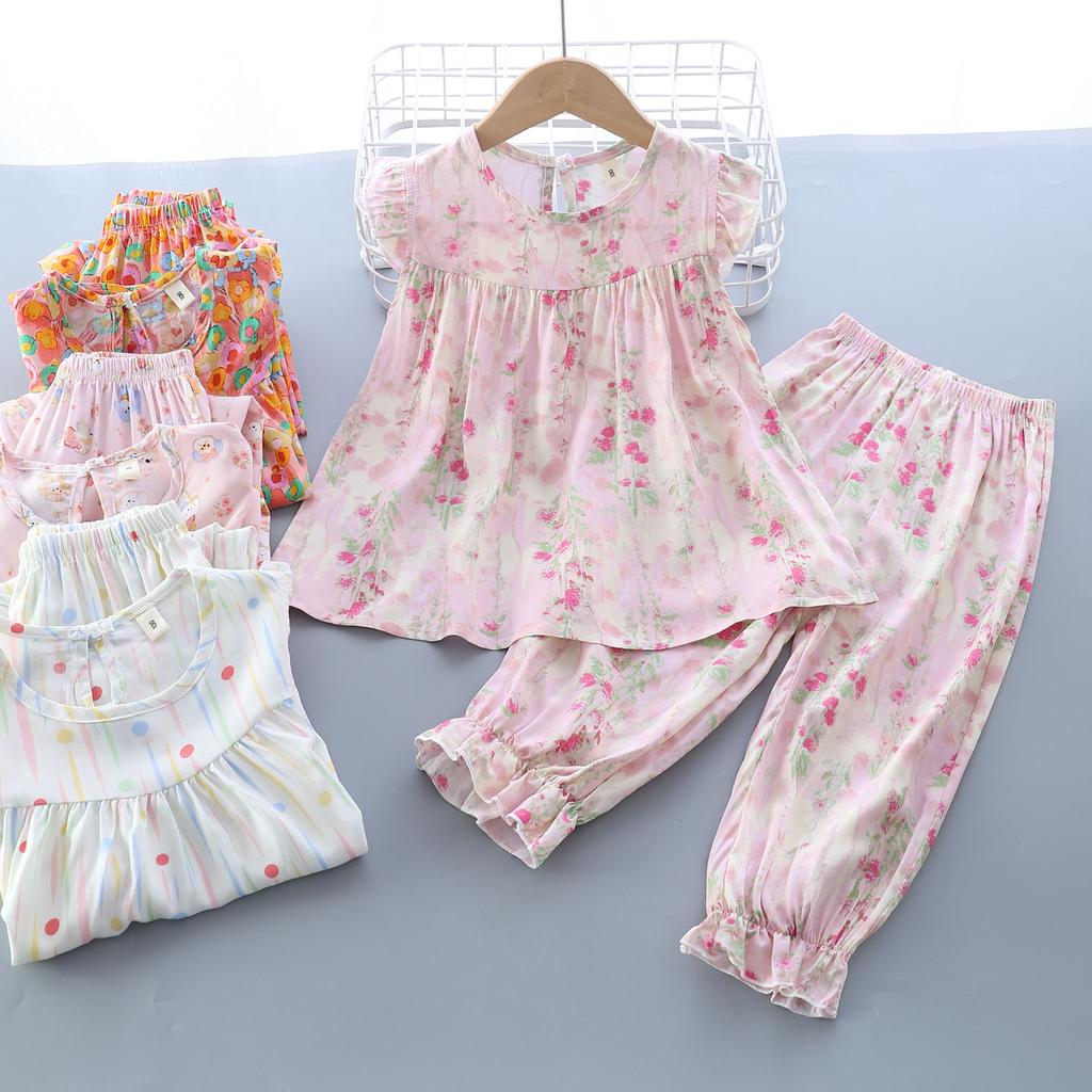Girls' Summer Flying Sleeve Seven Part Pants Set Children's Two-piece Set Baby Pajamas