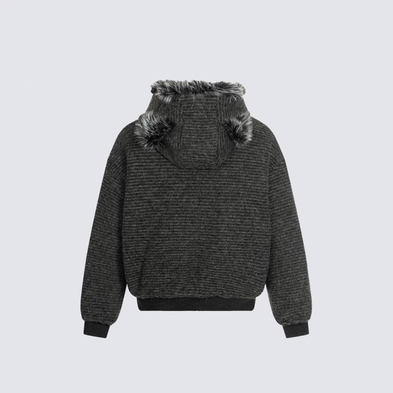 Unisex Gothic Embroidered Striped Fleece-Lined Hooded Cotton Padded Jacket Winter Warm Loose Fit