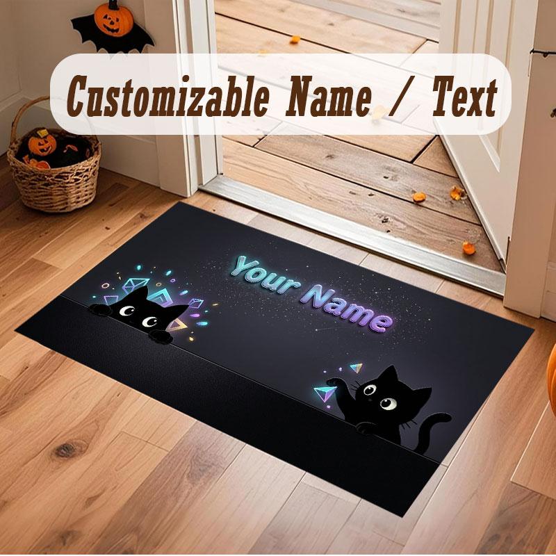 Cat Theme Crystal Velvet Floor Rug Personalized Custom Name Text Warm Carpet Home Decoration