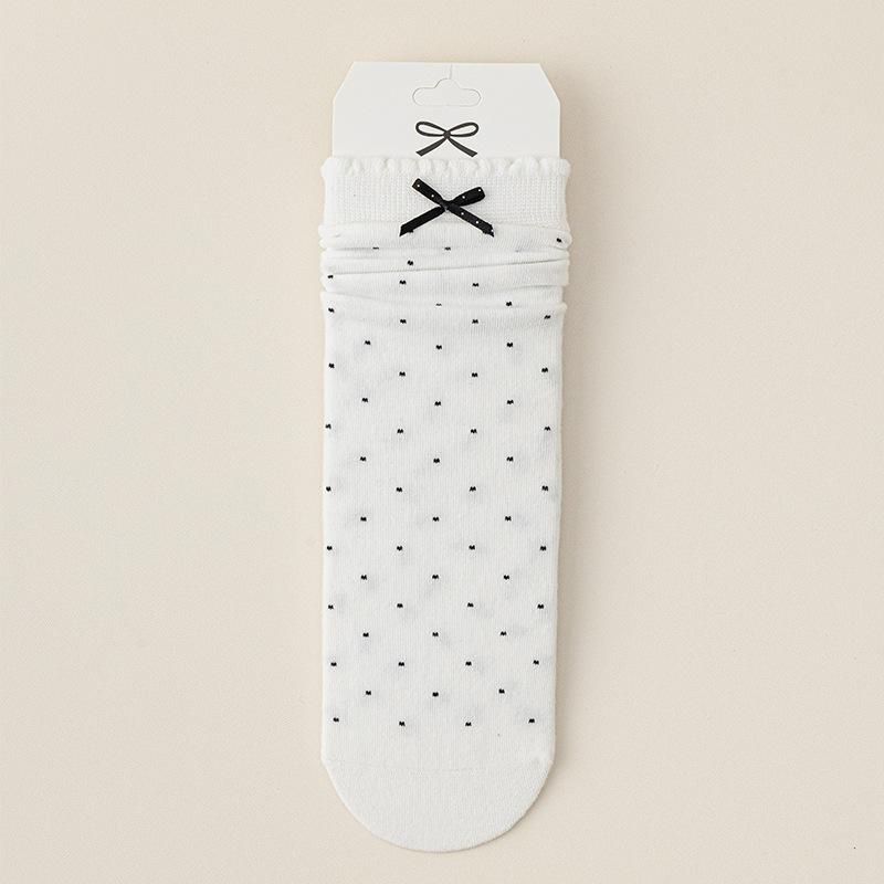 Женские носки до середины икры, бесшовные хлопковые носки на весну и осень, длинные носки с кружевом и бантом в горошек, универсальные носки в горошек, махровые носки