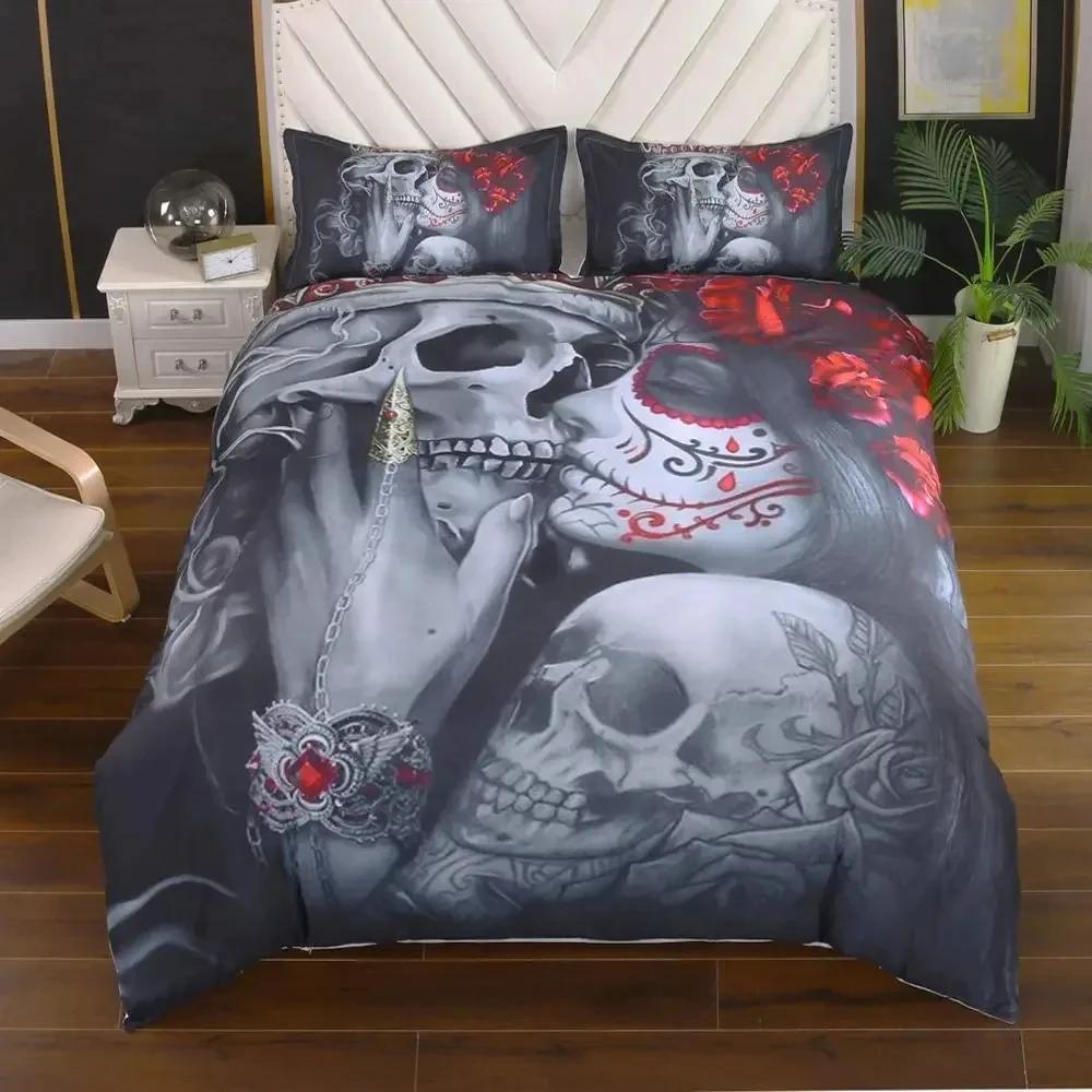 Постельное белье, пододеяльник, 3D Dead Sugar Skull Girl Kissing Skull Home Постельное белье. Включено: Пододеяльник, наволочка