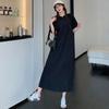 Dimanaf 2025 Summer Plus Size Dress Women Casual Vintage Short Sleeve Pleated Black Long Dress Loose Basic Dress