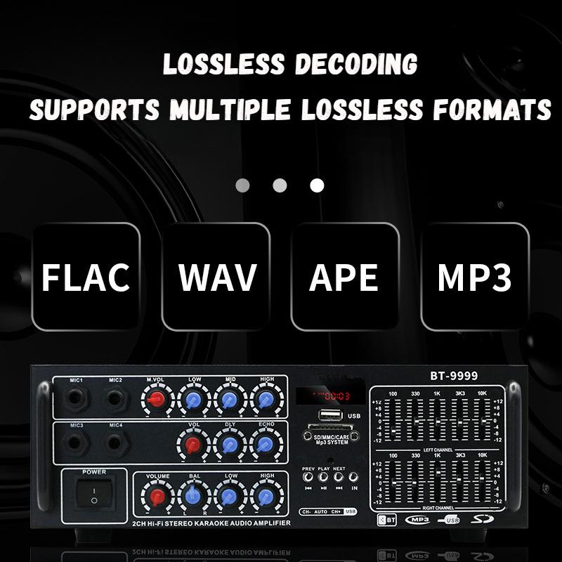 Мощный усилитель с совместимостью 12 В/220 В, Bluetooth, воспроизведением с USB/SD-карты, настройкой FM, возможностями декодирования без потерь