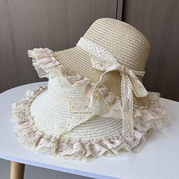 Ladies' Straw Hat Summer Lace Ribbon Sun Hat Sweet and Fashionable Beach Hat Summer Sun Protection Big Brimmed Cool Hat