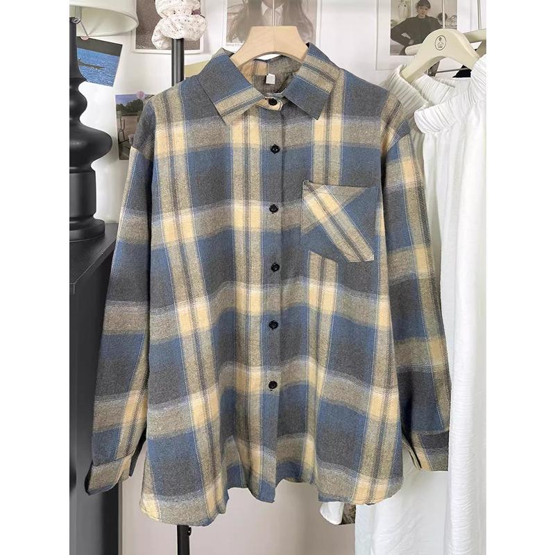 Женская клетчатая рубашка в стиле ретро с начесом - Свободный крой, длинный рукав, верхняя одежда для осени 2024