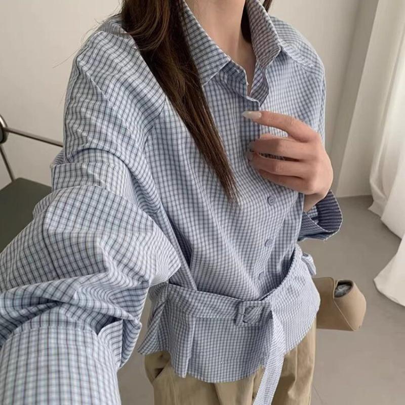 Ladies' Checkered Shirt Women's Turn Down Collar Belt Long Sleeved Blouse Autumn New Version Loose Versatile Casual Top