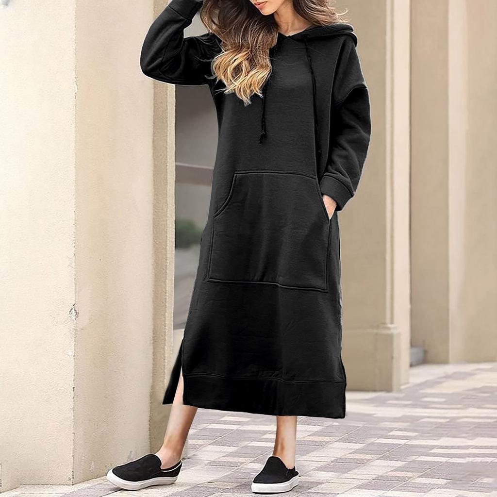 Women's Casual Solid Color Long Sleeve Hoodie Long Dress