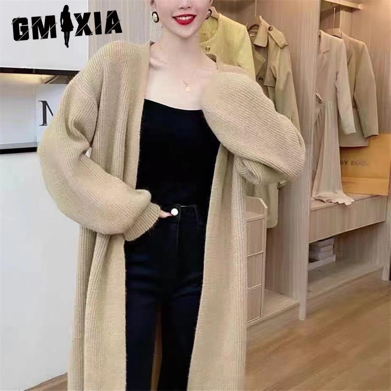 GMXIA Мягкий восковой однотонный вязаный кардиган женский осенний свободный ленивый ветер длинный свитер пальто