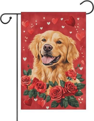 Golden Retriever Valentine's Day Garden ag, Double-Sided Linen, 12 x 18 XXQ