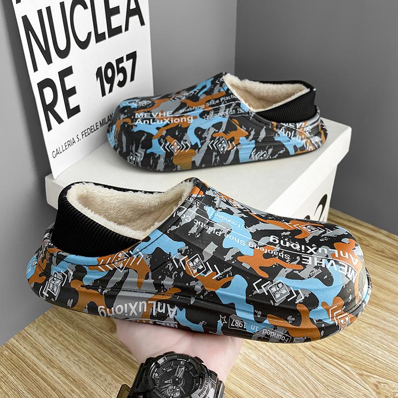 Модные зимние мужские тапочки из хлопка с рисунком для дома и улицы, толстые, плоские, на меху, нескользящие, плюшевые, водонепроницаемые, без застежек, для улицы