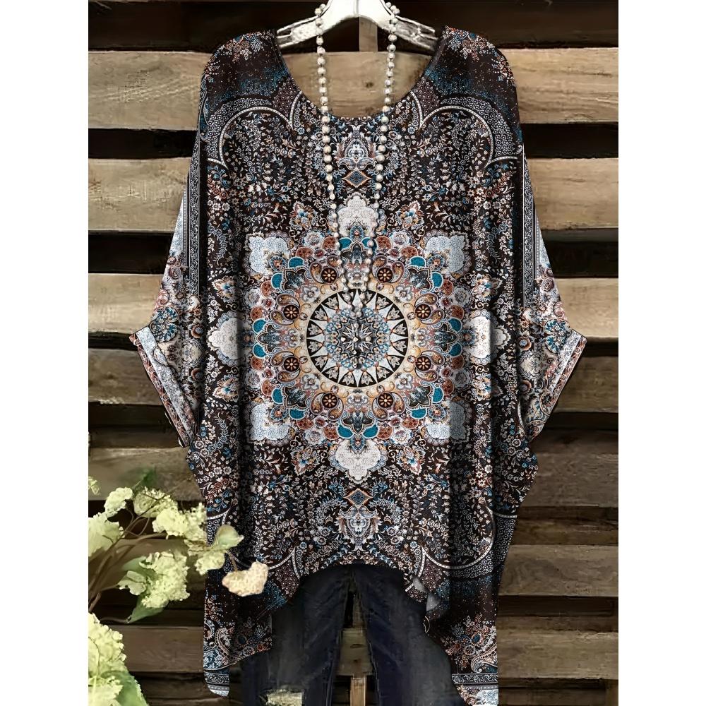 Летняя женская футболка в этническом стиле с принтом, удлиненная спереди, с круглым вырезом, повседневная, удобная, футболка в стиле Y2k, винтажная женская футболка с коротким рукавом