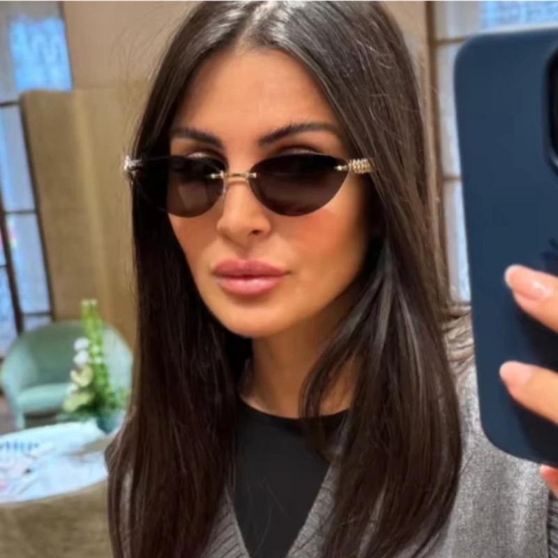 Солнцезащитные очки Cat Eye с заклепками, безободковые, женские, роскошный модный бренд, овальные узкие солнцезащитные очки, оттенки, трендовые, элегантные, уникальные очки