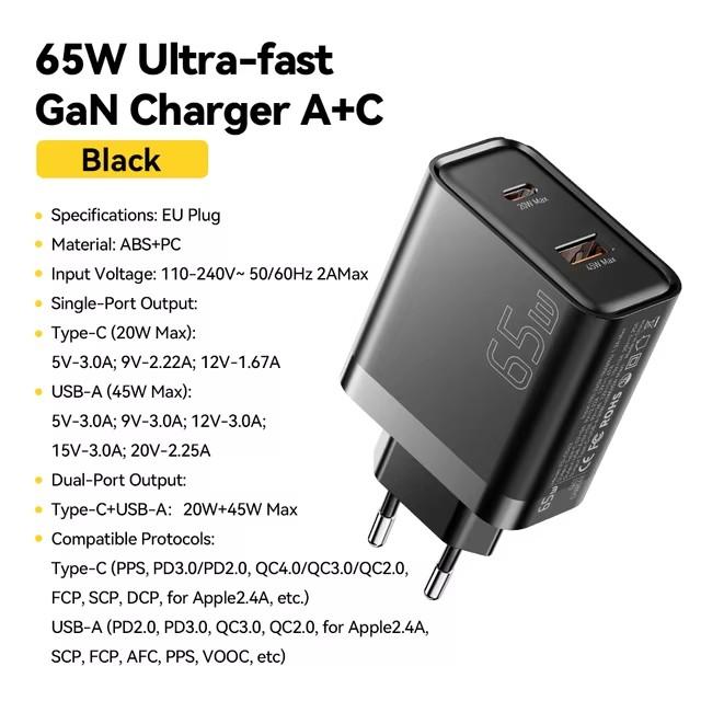 Essager 65 Вт GaN зарядное устройство быстрая зарядка QC4.0 PD3.0 USB Type C зарядное устройство портативное быстрое зарядное устройство для ноутбука iPhone 15 14 13Pro MacBook