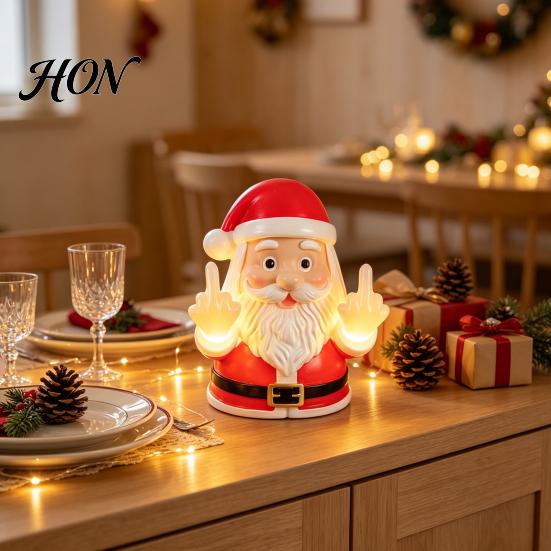 Resin Desk Light for Bedroom Christmas Middle Finger Light, Naughty Santa Claus Reindeer Giving Lamp with LED Creative Wall Mounted Night Warm