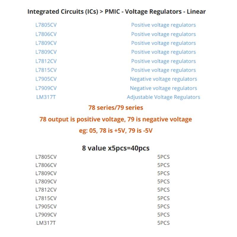 40 шт. регуляторы напряжения IC TO-220 L7805 L7806 L7809 L7812 L7815 L7905 L7909 LM317T Mosfet Transistor Ассортиментный комплект