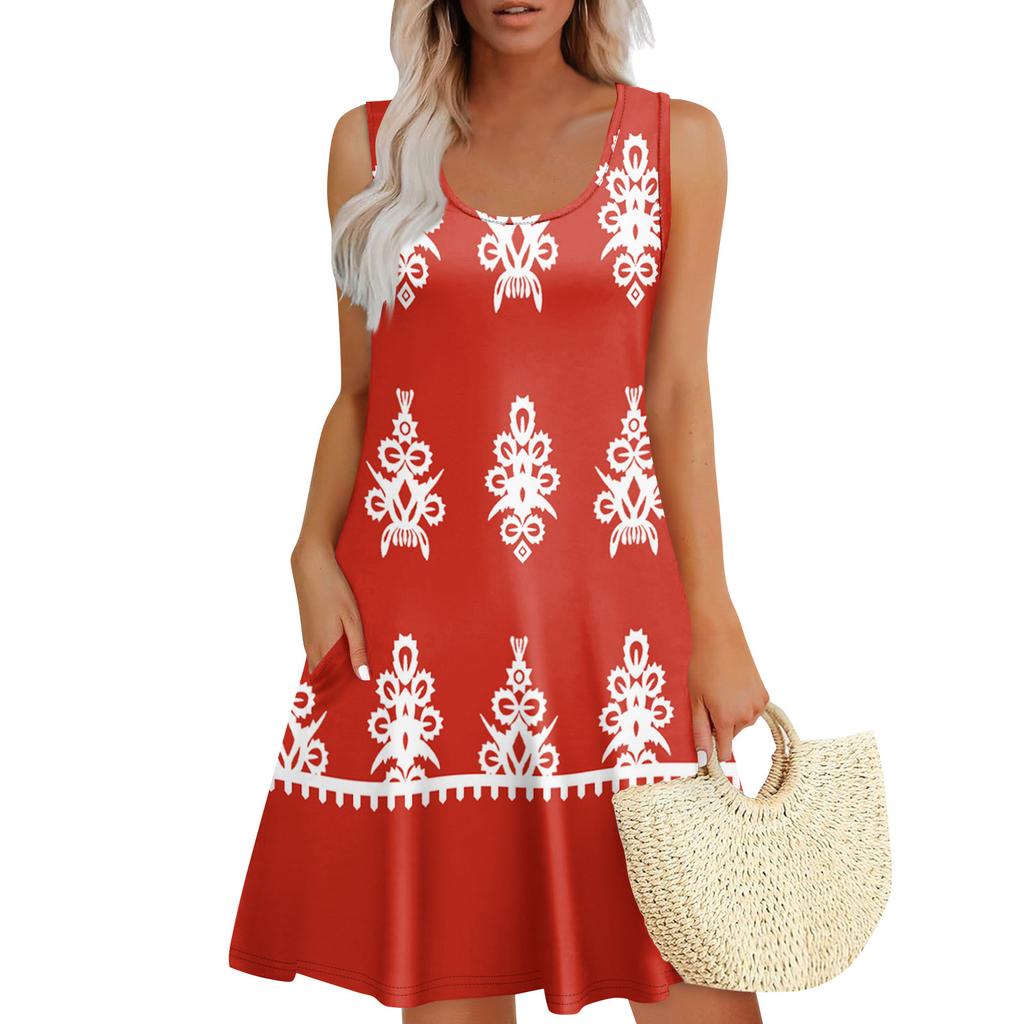 Women's Summer Casual U-shaped Tie Pocket Popular Floral Print Dress
