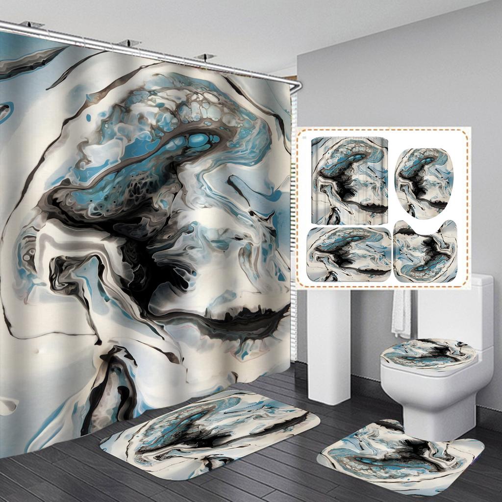 4Pcs Luxury Marble Shower Curtain Sets Bathroom Decor Sets with 12 Hooks Bath Mat Toilet Lid Rug and Non-Slip U Shape Mat