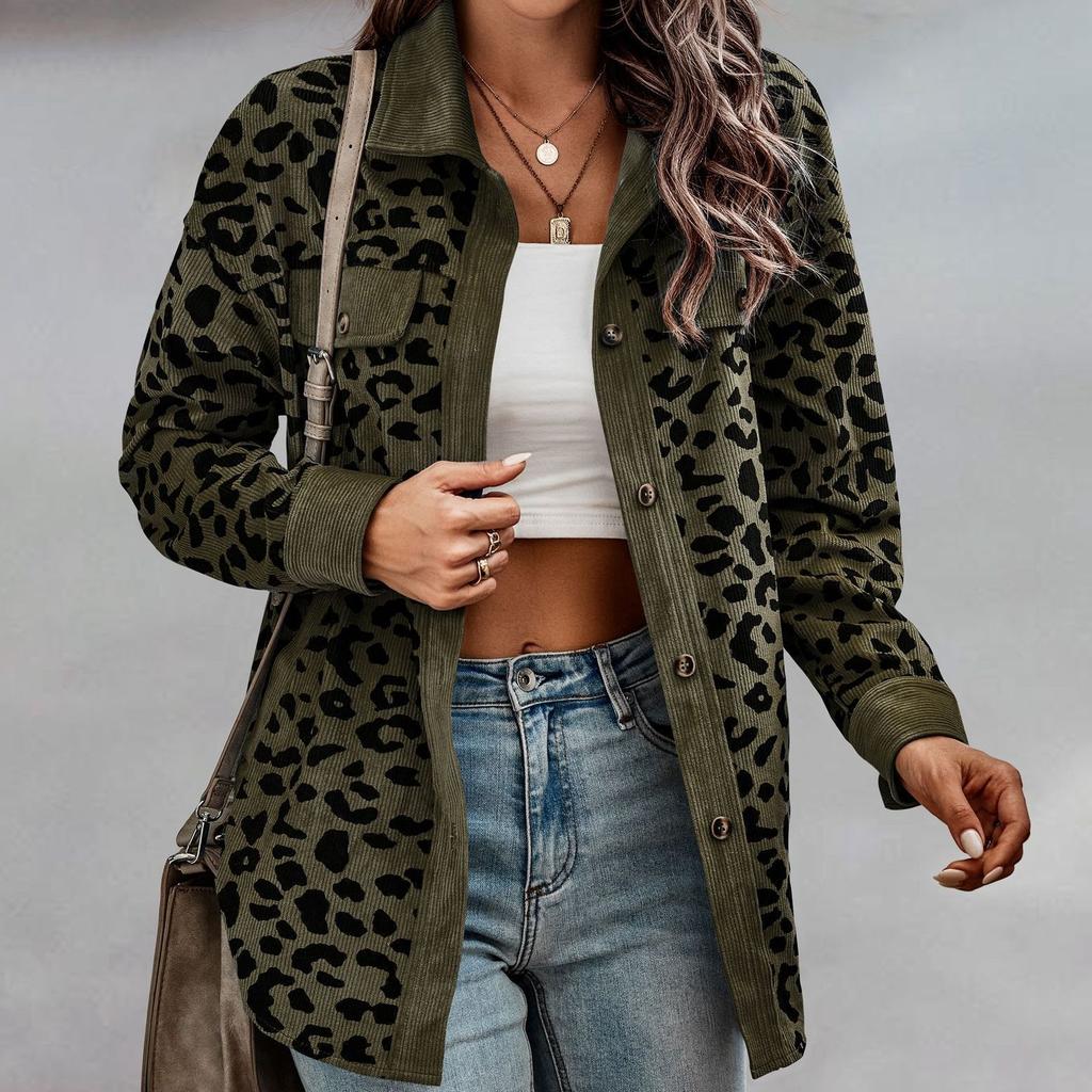 GMXIA Женские винтажные повседневные свободные куртки и пальто с леопардовым принтом на пуговицах, осень-зима с длинными рукавами и воротником-поло