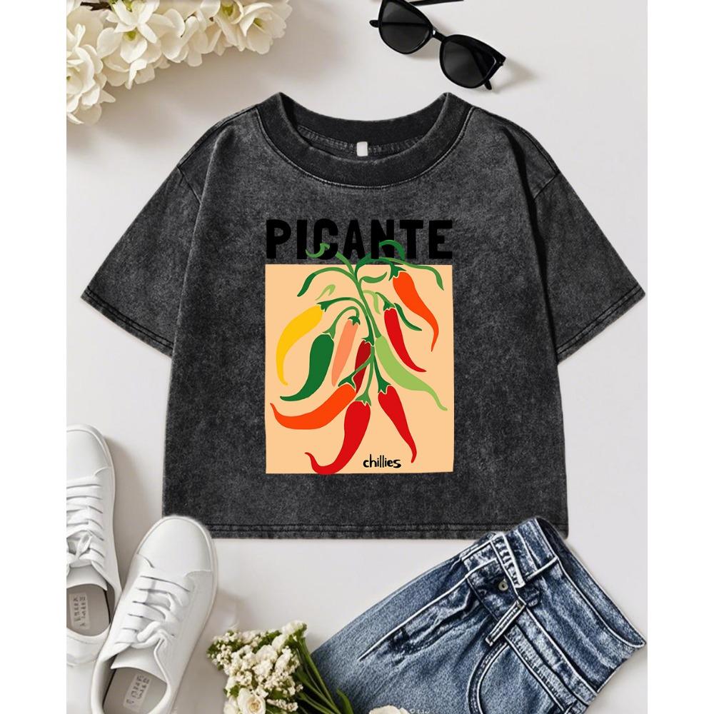 Picante Chillies Print Women Washed Slim T-Shirt Summer Casual Short Sleeve Cotton T Shirts Soft Hip Hop Top