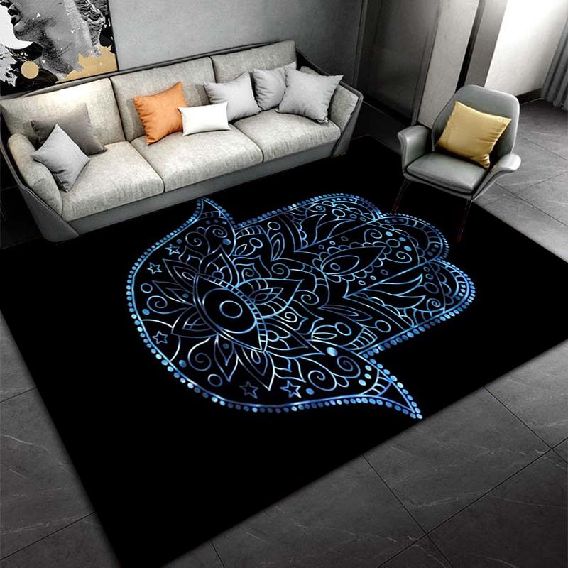 Ковер Mandala Hamsa Hand, Черно-синий Богемный ковер для гостиной, Подходит для использования в качестве противоскользящего покрытия для гостиной, спальни, диванов