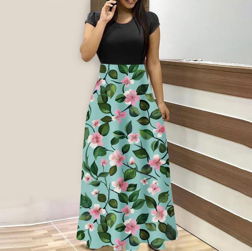 Женская мода повседневные свободные принтованные платья с круглым вырезом и коротким рукавом длинные платья с коротким рукавом длинные платья