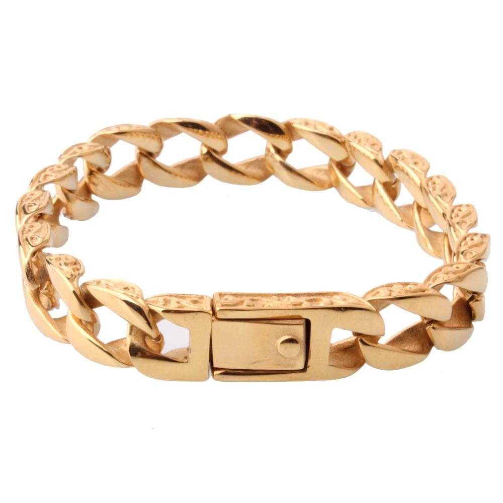 Arrive Fashion Jewelry Stainless Steel Gold Color Cuban Curb Chain Mens Boys Bracelet Bangle 12mm