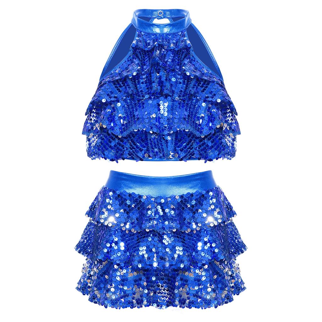 Girls Sparkling Dance Set Sleeveless Round Collar Backless Shiny Sequins Tiered Crop Top Elastic Waist Skirt