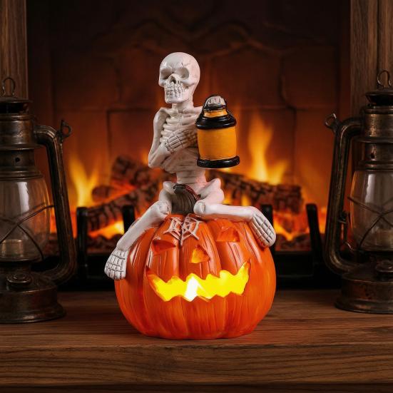 Halloween Pumpkin Skeleton Figurine, LED Light-Up Decorative Pumpkin Lantern, Spooky Holiday Decoration for Halloween Parties & Ghost Festivals