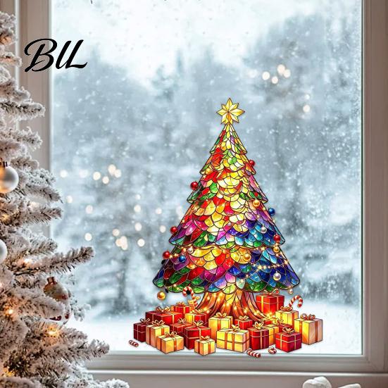 Reusable Holiday Window Film Stained Glass Style Christmas Tree Stickers, Removable PVC Static Cling Decals for Waterproof Seasonal Wall Art