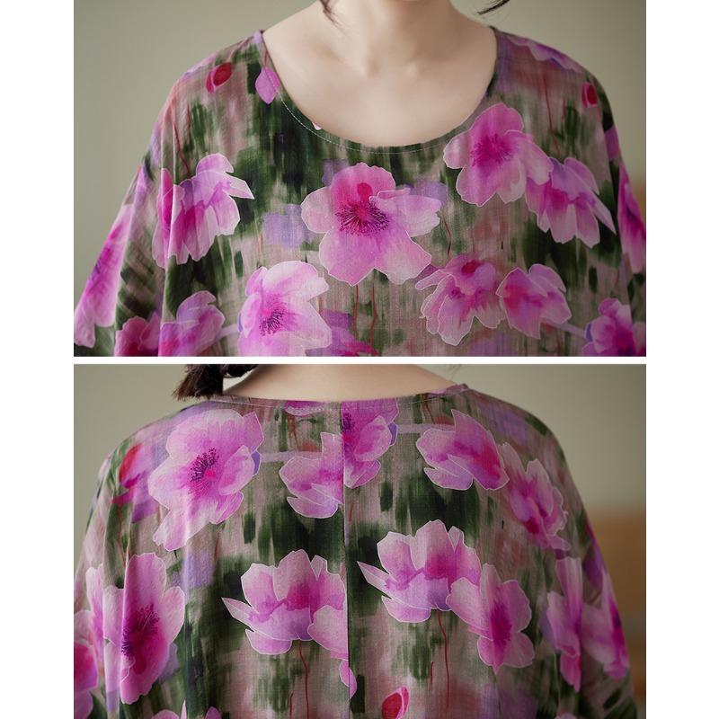 DIMANAF 2025 Женское Летнее Новое Винтажное Платье с Цветочным Принтом Большого Размера Праздничное Длинное Базовое с Коротким Рукавом Повседневное Свободное Платье