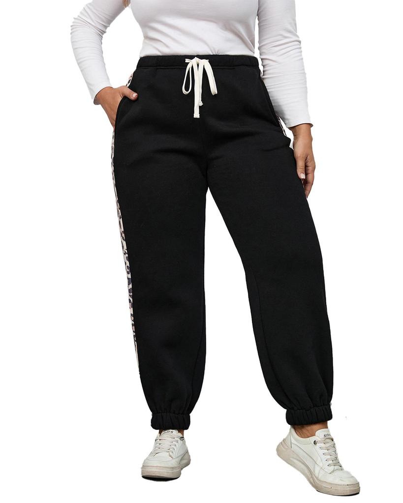 Azura Exchange Black Plus Size Contrast Leopard Side Panel Joggers
