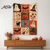 Mysterious Holiday Dorm Room Decor Halloween Patchwork Throw Blanket, 90s Vintage Plaid Tapestry with Ghost Pumpkin Bat, Cozy Indoor Party Space