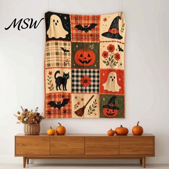 Mysterious Holiday Dorm Room Decor Halloween Patchwork Throw Blanket, 90s Vintage Plaid Tapestry with Ghost Pumpkin Bat, Cozy Indoor Party Space