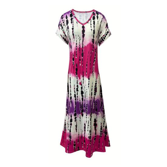 Women Summer Dress V-Neck Short Sleeve Side Slit Design Maxi Dress Tie Dye Print
