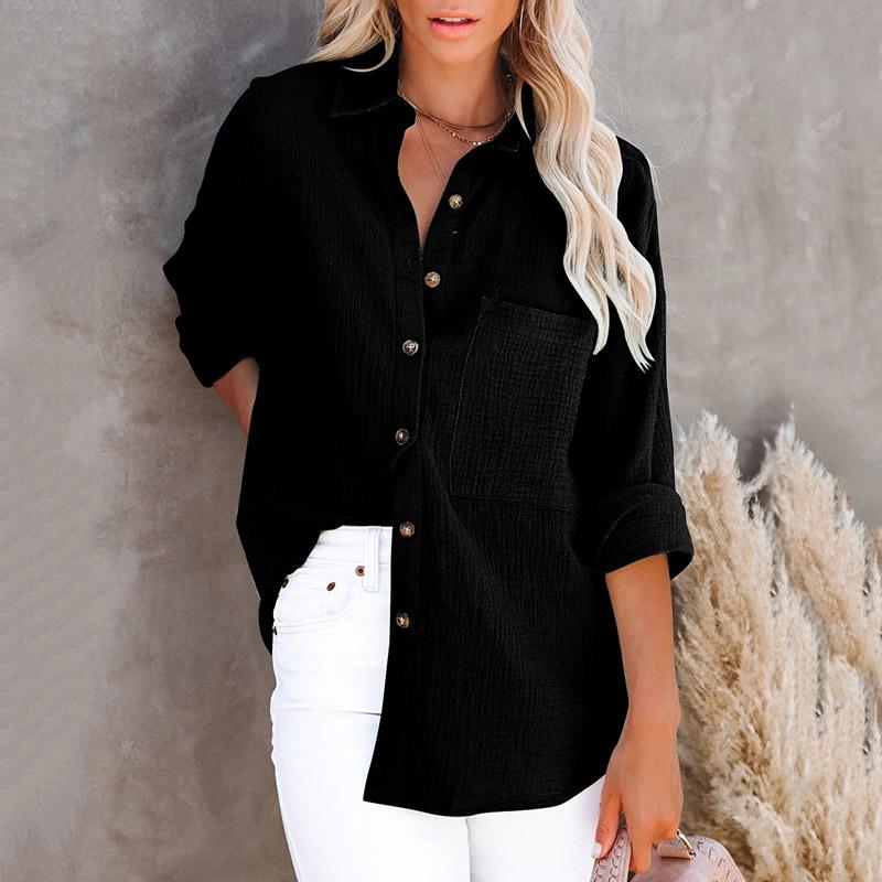 Women Fashion Long Sleeve Lapel Solid Color Plus Size Shirt Blouse Tops Clothing